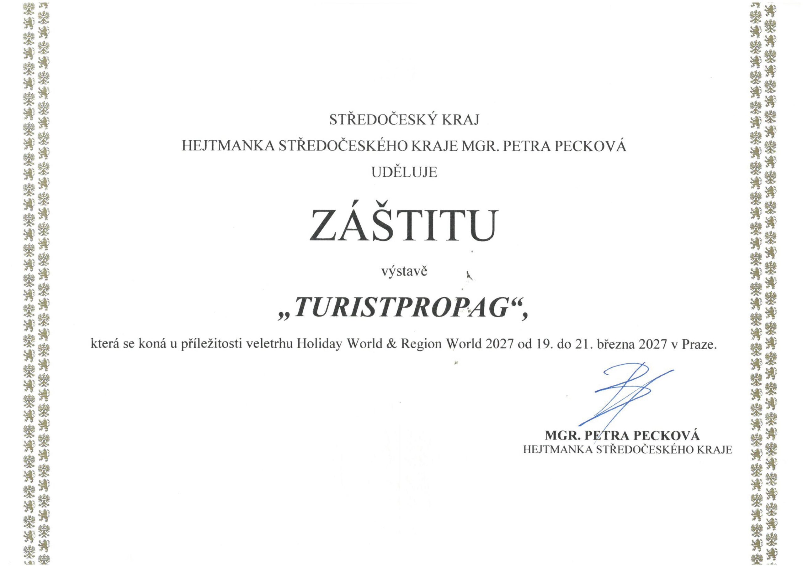 Certificate of auspices granted by the Ministry of Regional Development of the Czech Republic